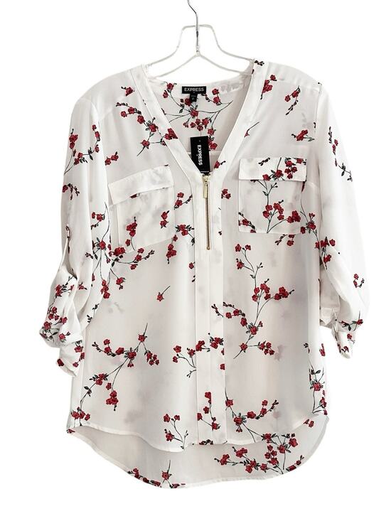Express Tops - Express White Floral Zip Front Top NWT SMALL Roll Tab Sleeve Business Casual